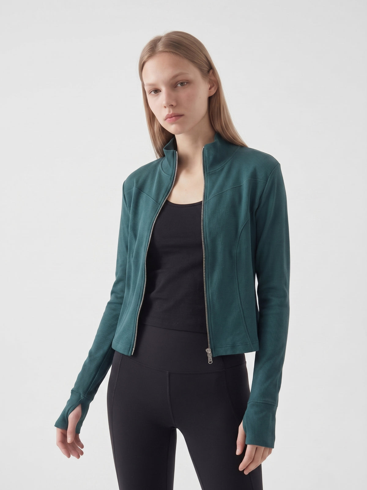 Ribbed Zip-Up Mock Neck Top